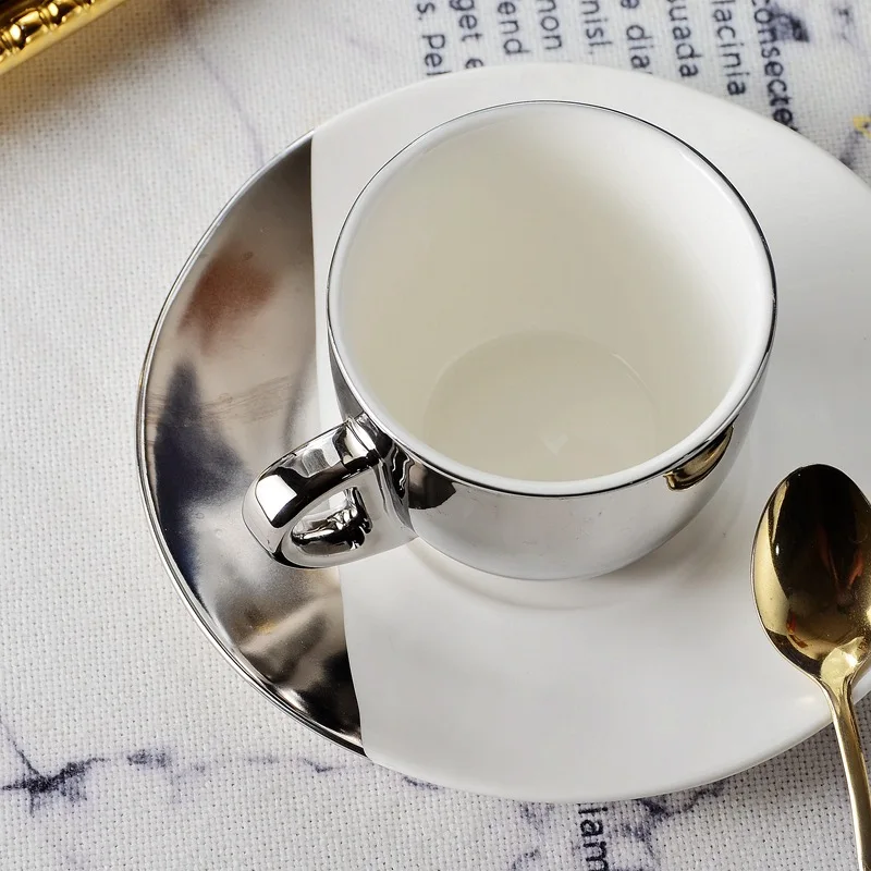 Modern European Design Silver Plated White Ceramic Tea Cups & Saucers Set Popular Afternoon Tea & Coffee Plate Design