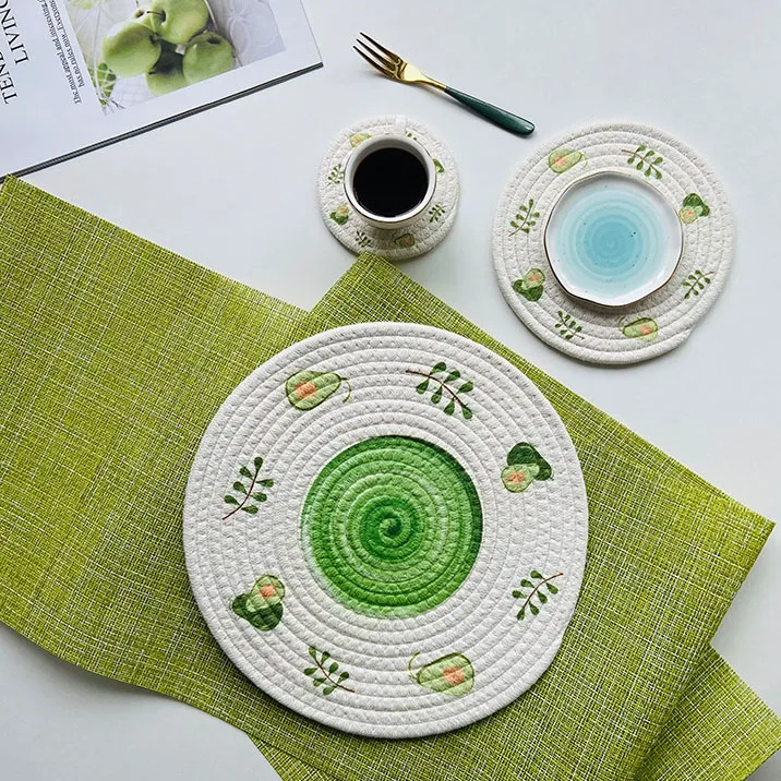 Eco-friendly Woven Insulation Mats Dining Table Mats Cotton Rope Printed Plate Mats Coaster Placemats