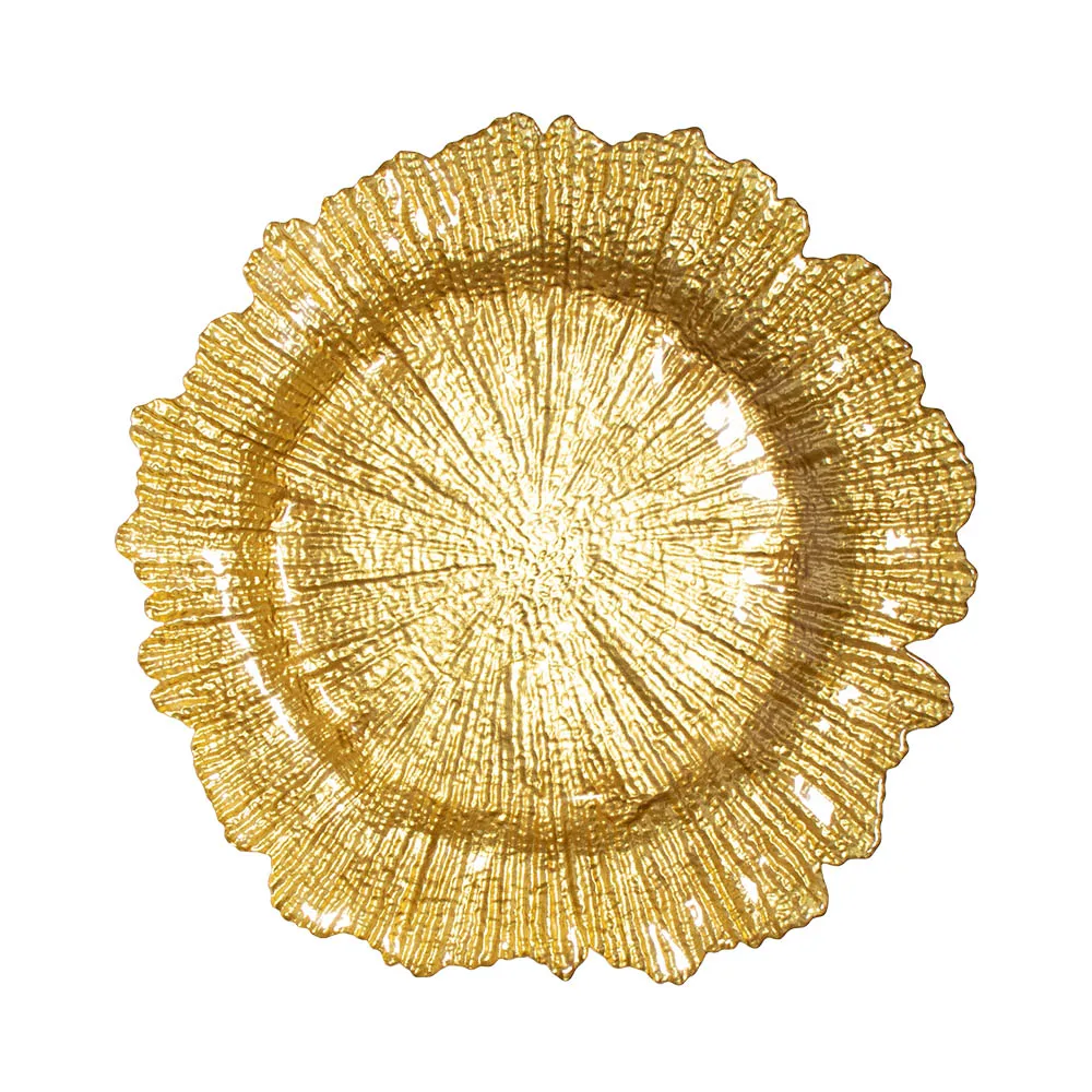 Оптовая продажа тарелки свадебные золотые западные тарелки новейшие элегантные золотые рифовые стеклянные зарядные тарелки золотые