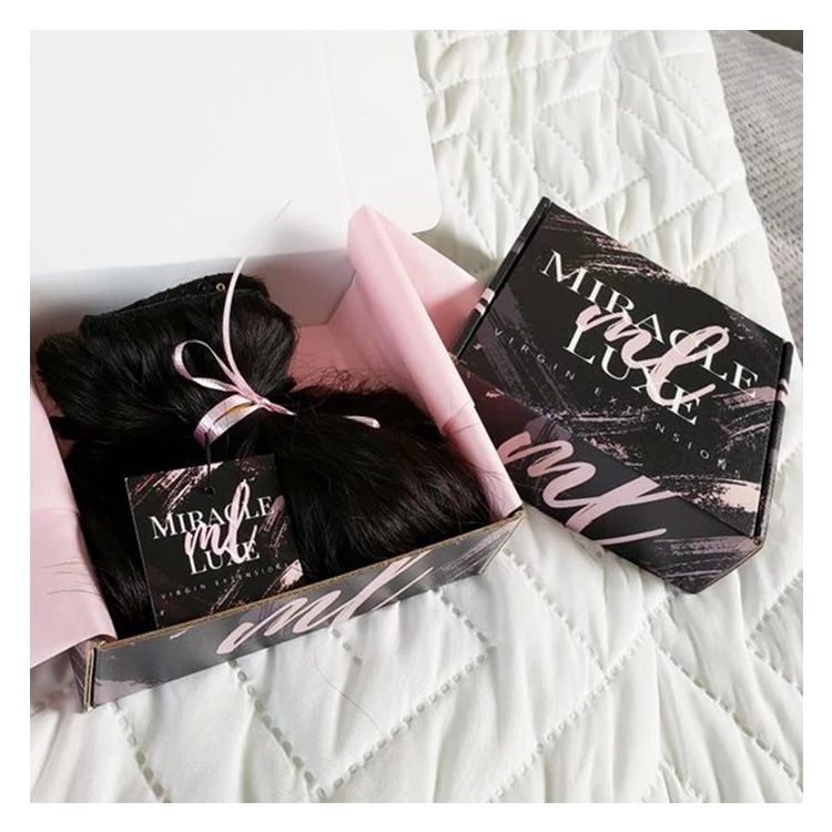 Коробки для наращивания волос с золотой фольгой на заказ, роскошная упаковочная коробка для пучков волос, розовая гофрированная доставка, косметическая коробка для париков для красоты