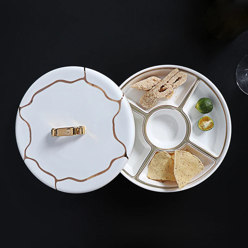 Европейская тарелка с 4 отделениями, витрина для торта, десерта, китайская тарелка, роскошная разделенная тарелка из костяного фарфора для отеля