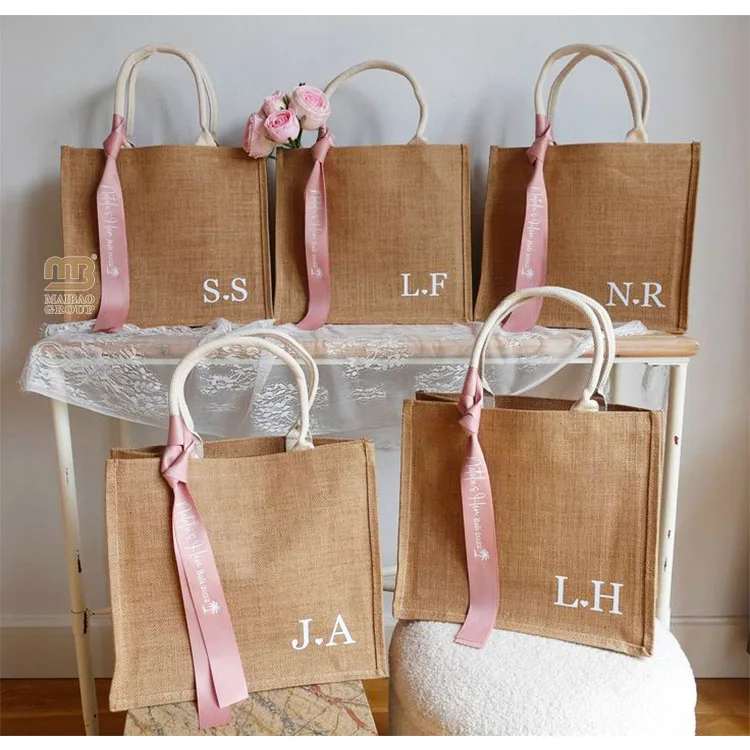 Женская пляжная сумка на заказ, многоразовая подарочная упаковка для подружки невесты, джутовая сумка из мешковины, сумка для покупок с логотипом и ручками