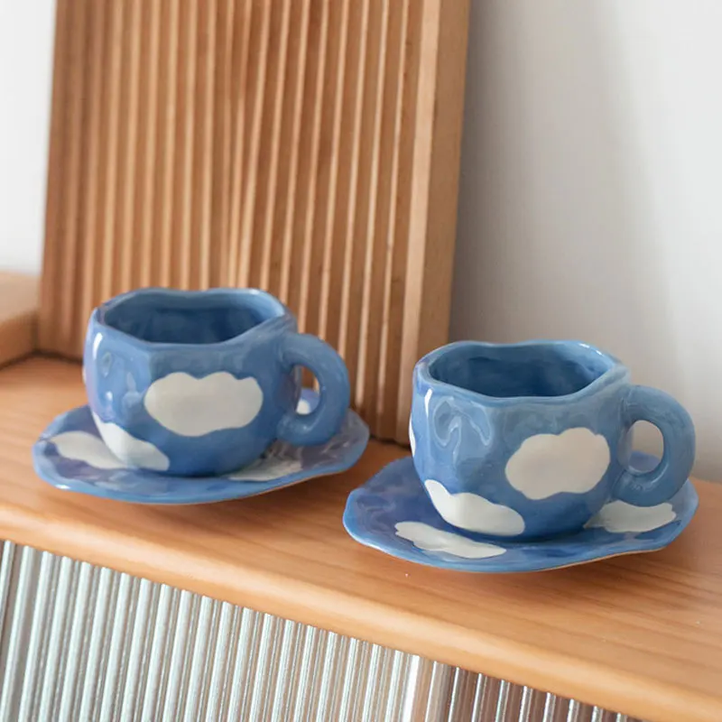 Eco-Friendly Japanese Hand Painted Blue Sky and White Clouds Coffee Cup with Saucer for Gifts and Occasions-MOQ 10 Pcs