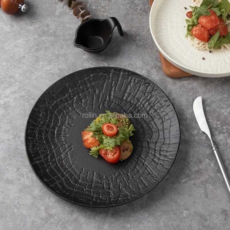 Набор керамической посуды для ресторанов, оптовая продажа, наборы черно-белых тарелок для отелей, кухонная утварь, керамическая посуда, тарелки и тарелки