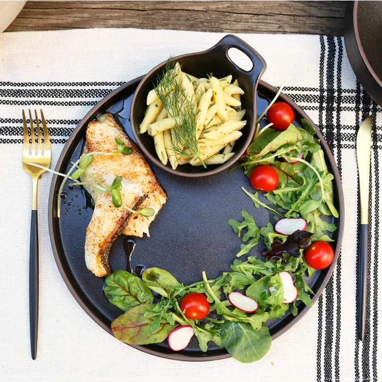 Принадлежности для ресторана Черная тарелка Матовая круглая 10-дюймовая круглая обеденная тарелка Сланцевая тарелка для стейка Керамическая посуда для ресторана