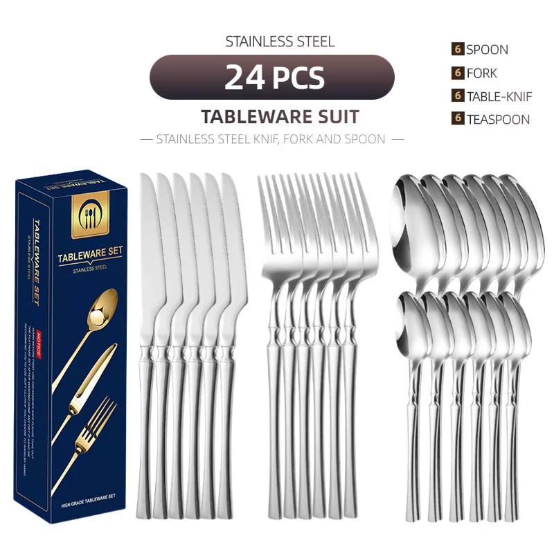 24 Piece Stainless Steel Steak Gold Silver Plated Knife Fork Coffee Spoon Set Hotel Nordic Cutlery