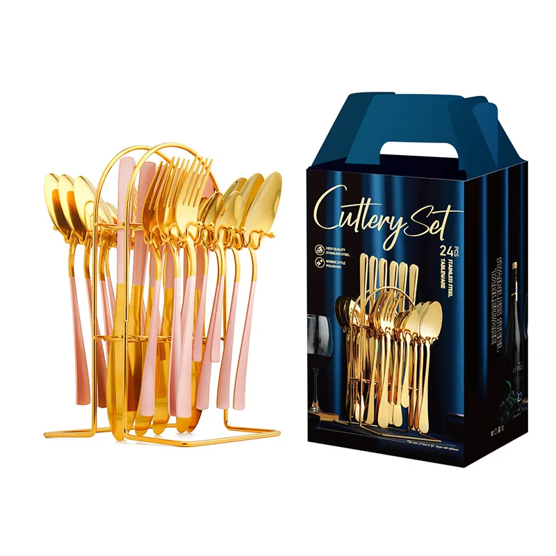 24PCS 304 Stainless Steel Royal Tableware Thick Gold Western Steak Silver  Spoon Restaurant Knives Forks Cutlery Set