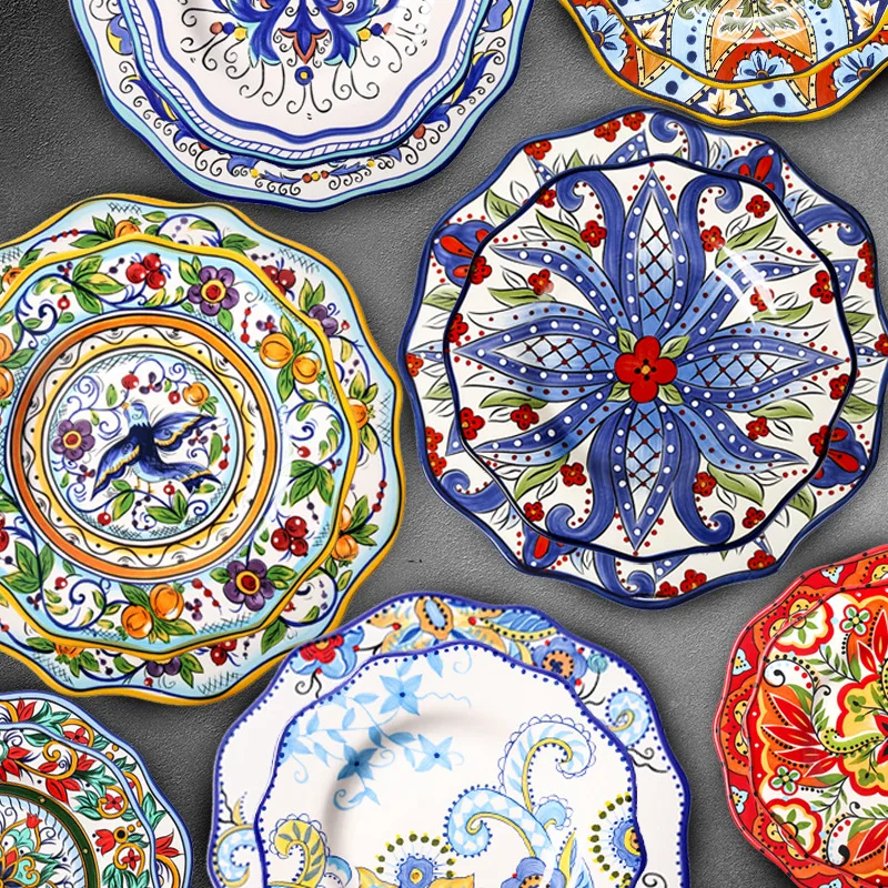 Bohemian Unique Style Rice Salad Floral Design Round Dinner Ceramic Nordic Porcelain Dessert Plate