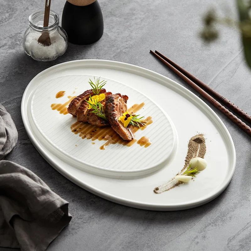 Large Unique Oval Ceramic Steak Plates and Dishes Restaurant Tableware Salmon Sushi Dinner Plates