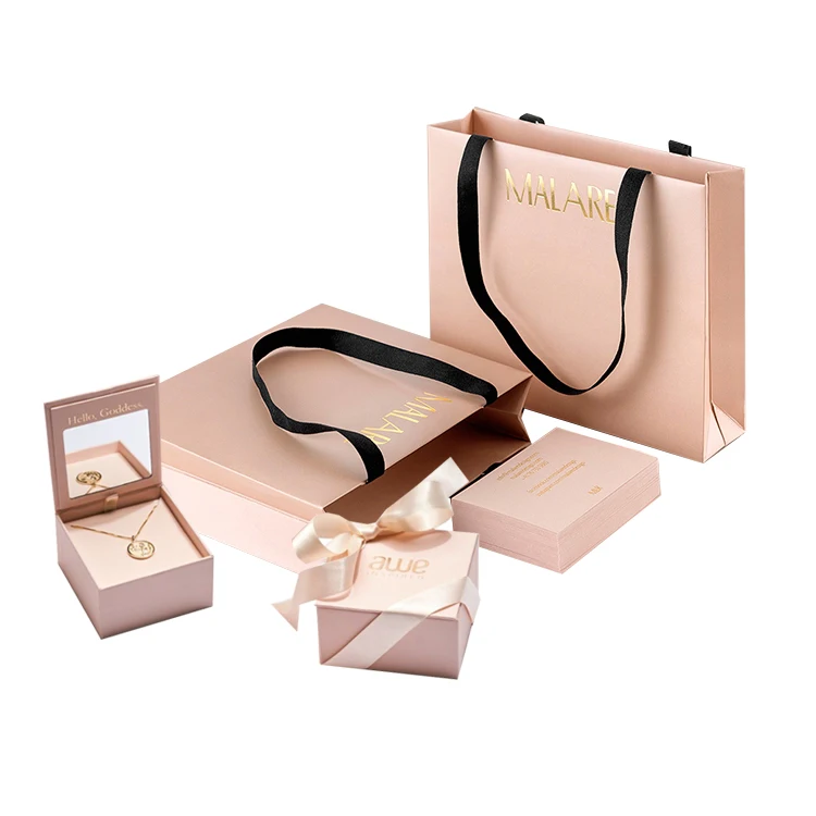 Элегантная бутиковая розничная упаковка для покупок с принтом на заказ, розовая роскошная подарочная упаковка для ювелирных изделий, бумажный пакет с ленточной ручкой