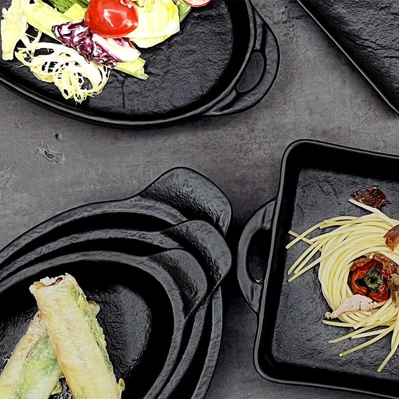 Овальная форма для выпечки, черный обеденный набор, фарфоровая посуда, ресторанные тарелки, посуда для кейтеринга, банкета, поставщик отелей и мероприятий