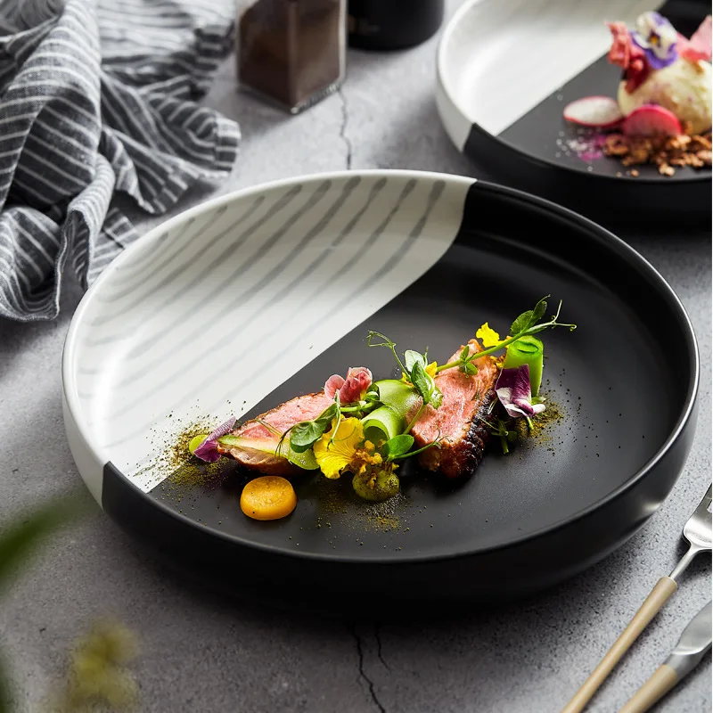 Cheap Black and White Matte Ceramic Plate Western Dinner Plate Vegetable Salad  Porcelain Customized Hotel Dinner Plates