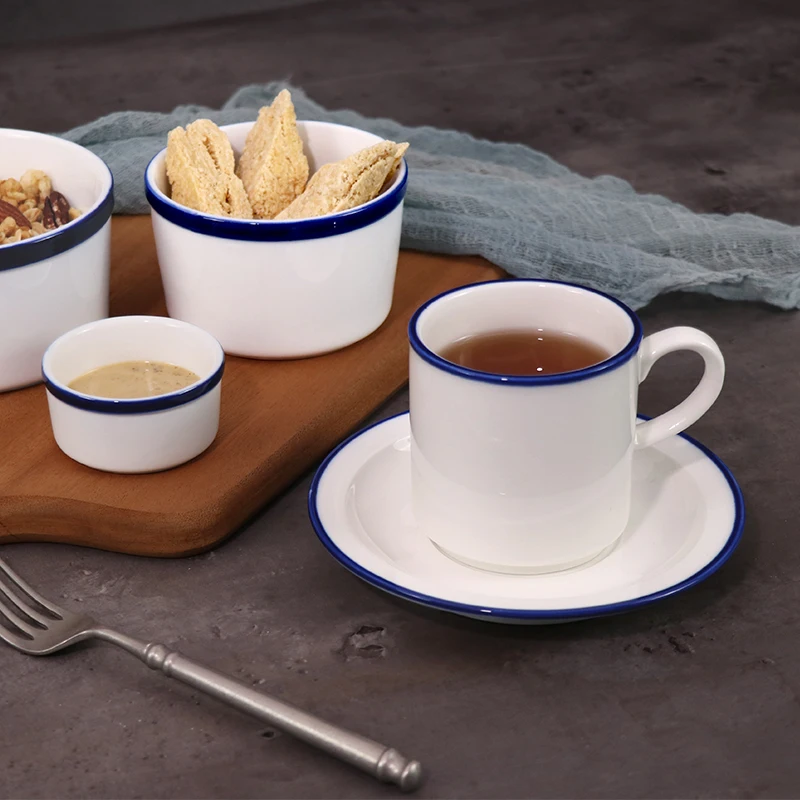 Элегантный синий край, чашка для эспрессо, 80 мл, набор кофейных чашек с воздушной линией, с блюдцем, 110 мл, 350 мл, керамические чайные чашки для ресторана, кафе, блюдца