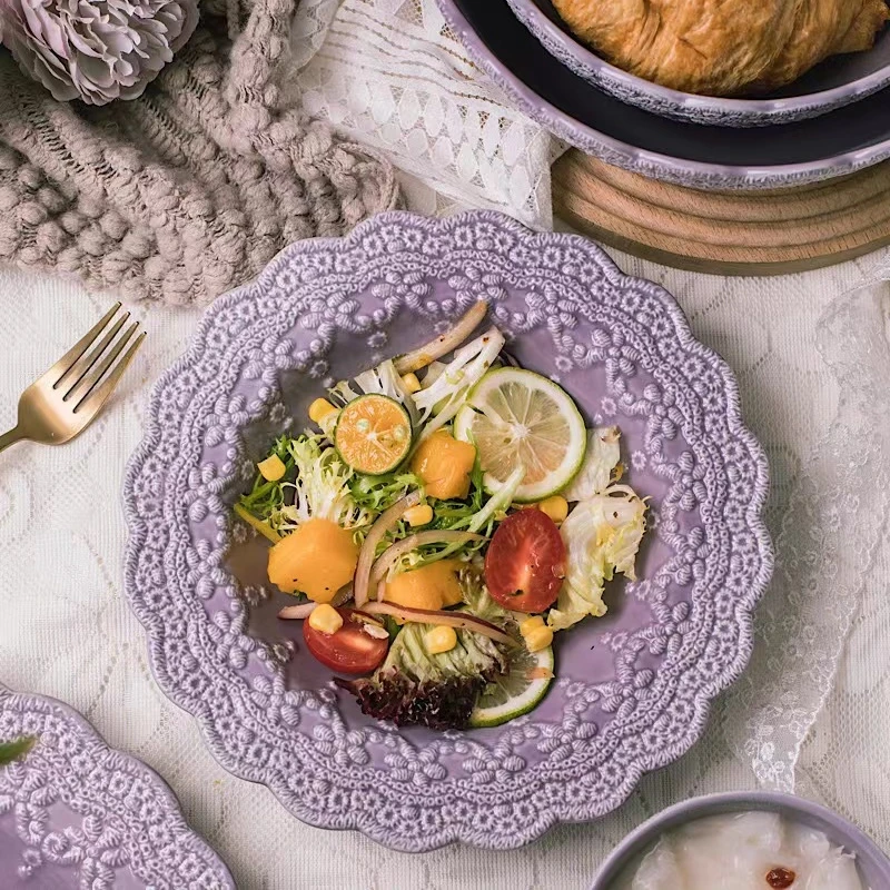 New Baroque Relief Ceramic Tableware European Style Retro Bowls Plates Exquisite Dinner Plates Wholesale Suitable Microwaveable