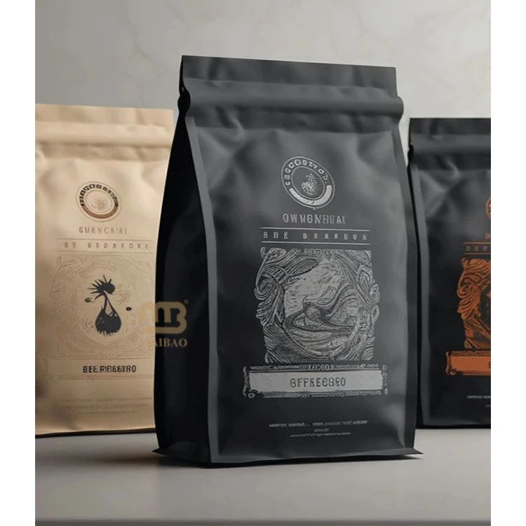 Изготовленный на заказ черный пакет для кофе под частной маркой с плоским дном с застежкой-молнией и клапаном, биоразлагаемая алюминиевая фольга, упаковка для чая, пластиковый пакет для кофе