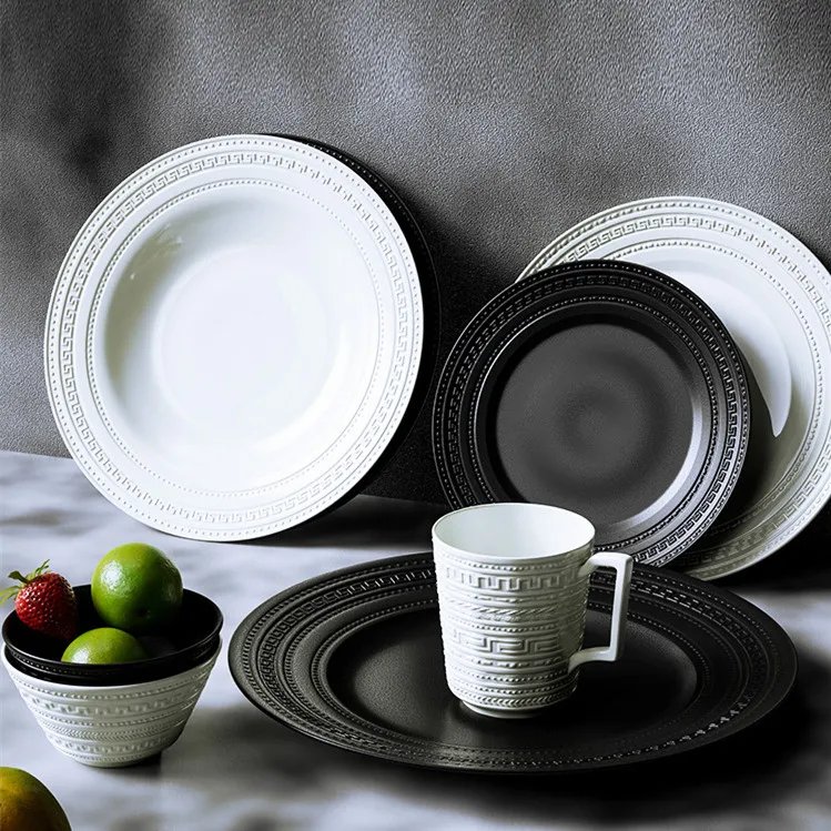 Vintage Embossed Stoneware Dinnerware Sets Black White Crockery Relief Cups Dishes Plates and Bowls Set Ceramic Tableware Sets