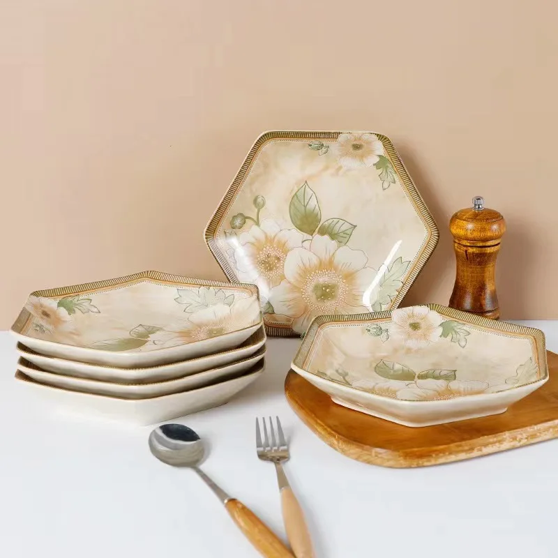 Wholesale 9-Inch Camellia Flower Antique Ceramic for Household Commercial Underglaze Color Hexagonal Plate Deep Dish