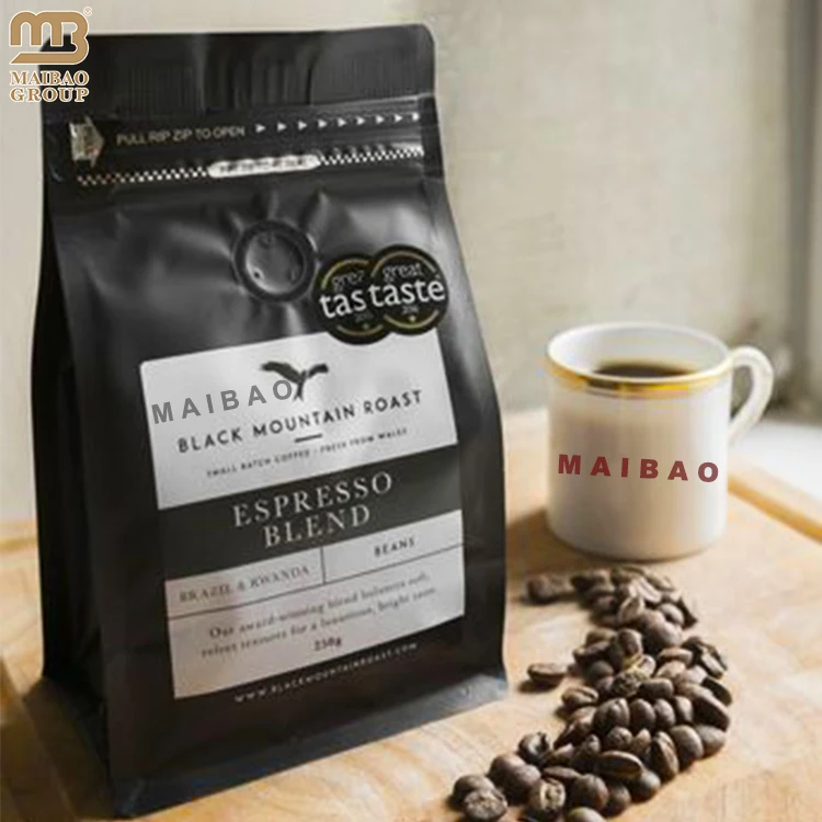 Пакеты для кофе на заказ с клапаном и верхней молнией Матовые черные майларовые пакеты Мешок для упаковки кофе из пищевой алюминиевой фольги с плоским дном
