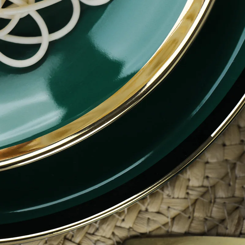 Роскошная керамическая тарелка, обеденная посуда, зеленая и золотая тарелка для ресторана, ресторана, керамическая посуда, обеденные тарелки с золотой оправой