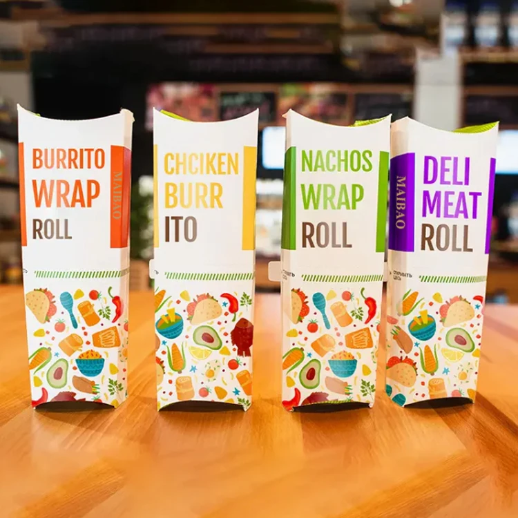 Одноразовая коробка для куриных рулетов с индивидуальным логотипом, бумажная упаковка для буррито, упаковочная коробка, рулонная бумажная коробка в форме подушки для шаурмы