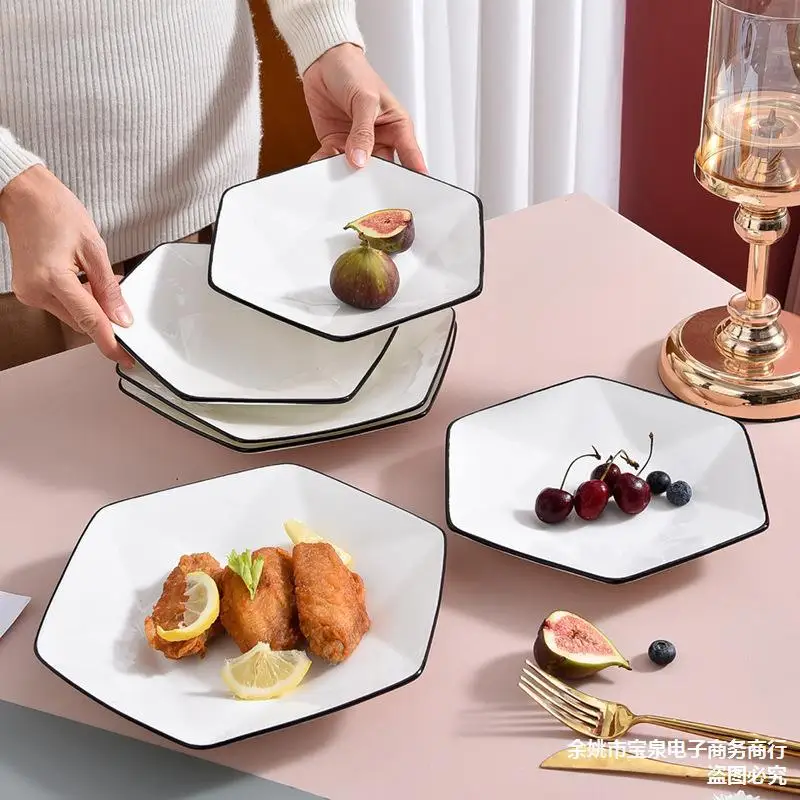 Nordic Style Hexagon Fruit Snack Plate Ceramic Dinner Restaurant  Catering Dinner Custom Dinner Plates