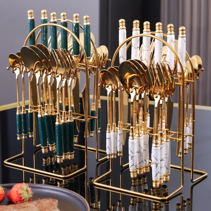 Luxury Tableware 24pcs Gold Flatware Cutlery Marble Ceramic Handle Stainless Steel Spoon Knife and Fork Set for Wedding