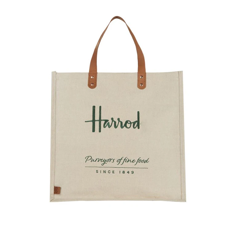 Ручная работа, ручка на плечо, вышивка, 100% мешковина, подарок для пляжного шопинга, джутовая сумка-тоут с кожаными ручками, молния