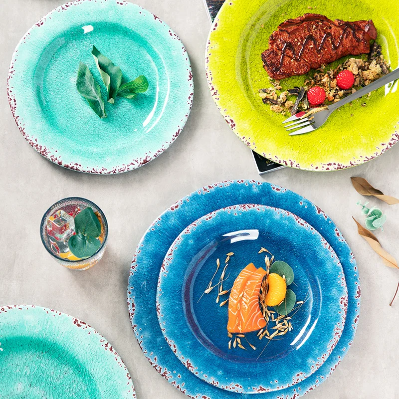 British Creative Bone China Hotel Dinnerware Sets Traditional Chinese Style Ceramic Steak Plate With Ice Cracked Pattern