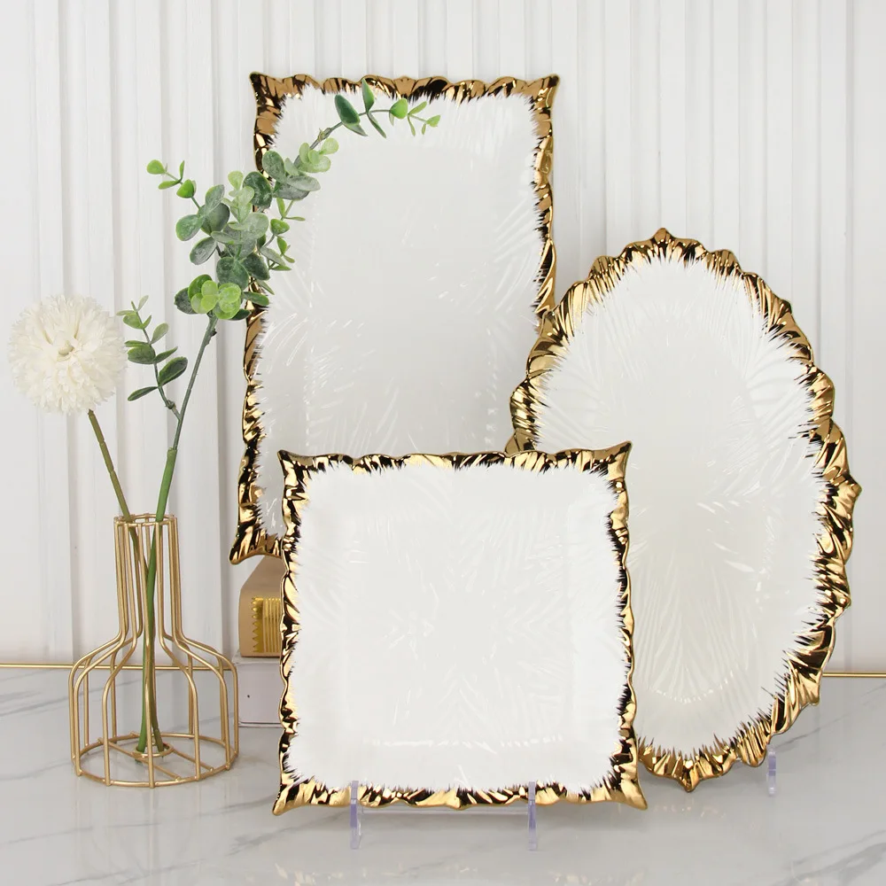 Light Luxury Hotels Ceramic Dishes Dining Plate High-end Western Cuisine Gold Rimmed Steak Plates and Bowls Dinnerware Wholesale