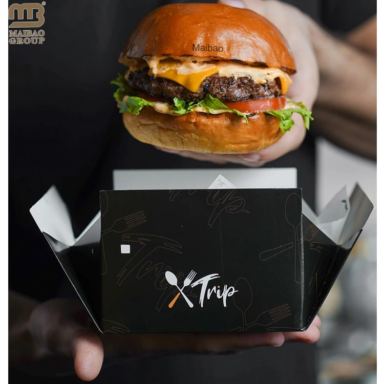 Черные коробки на вынос с индивидуальным логотипом, одноразовые коробки для картофеля фри, бумажная коробка для фаст-фуда для упаковки гамбургеров, куриных крылышек, печенья, хлеба