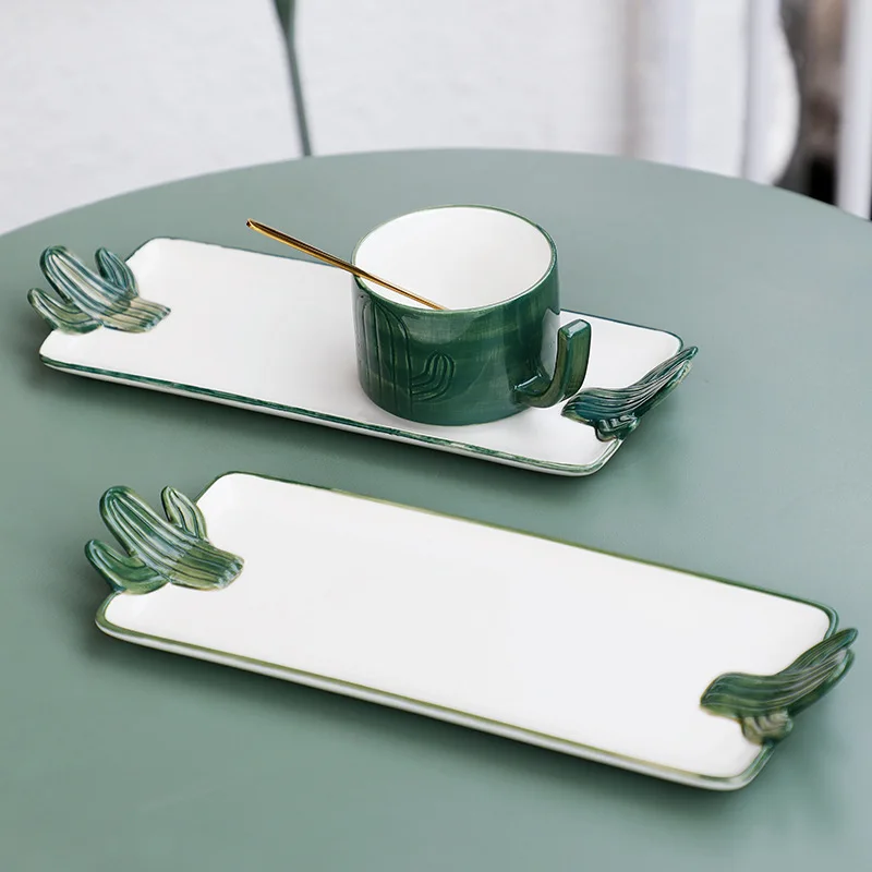 Creative Ceramic Coffee Cup & Dessert/Cake Plate Set Hand-Colored Butterfly & Cactus Design Elegant Style Combination