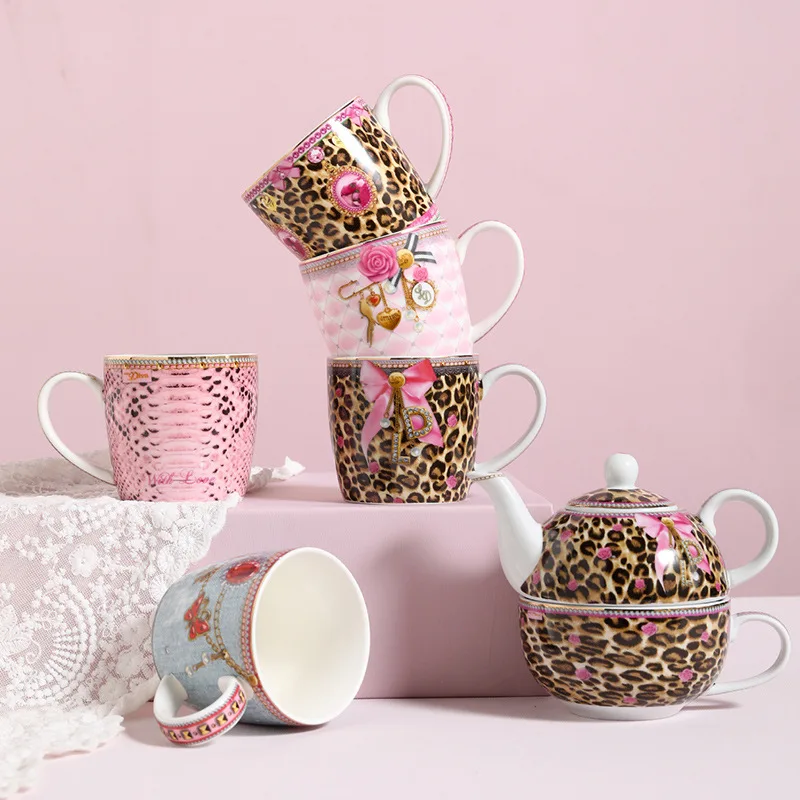 Creative Leopard Print Pink English Coffee Mug Home Breakfast Coffee Cup Mugs Milk Cutlery Ceramic Tableware Set