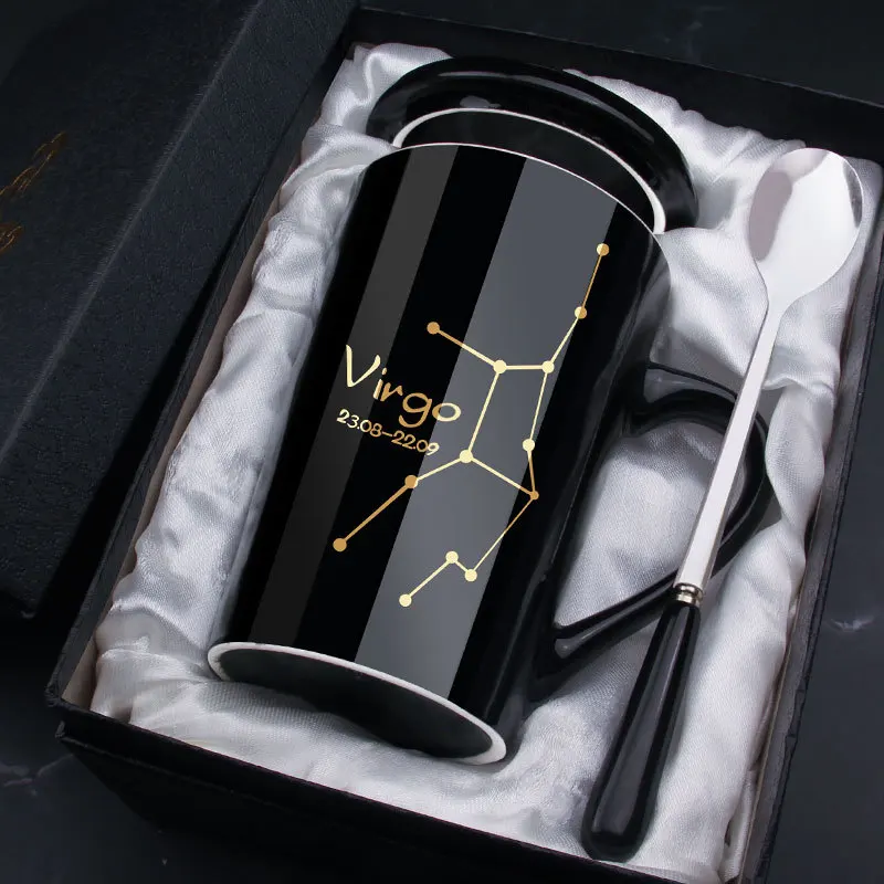 Custom Novelty Gift Zodiac Sign Porcelain Coffee Cup 12 Constellations Ceramic Mug Drinking Cups With Lid Spoon