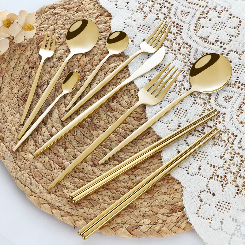 Wholesale Stainless Steel Knives Forks Spoons  Western Tableware Gold-plated Dessert Chopsticks Spoon and Fork Set Stainless