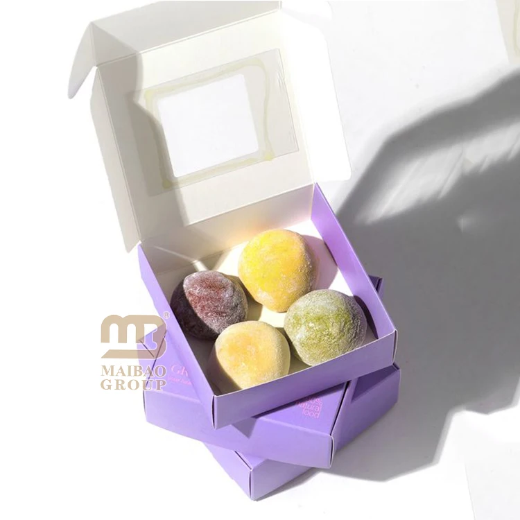 Оптовая продажа, пригодный для вторичной переработки кондитерских изделий, контейнер для моти, упаковка для пищевых пончиков, коробки с прозрачным окном, напечатанные на заказ бело-розовые коробки для выпечки