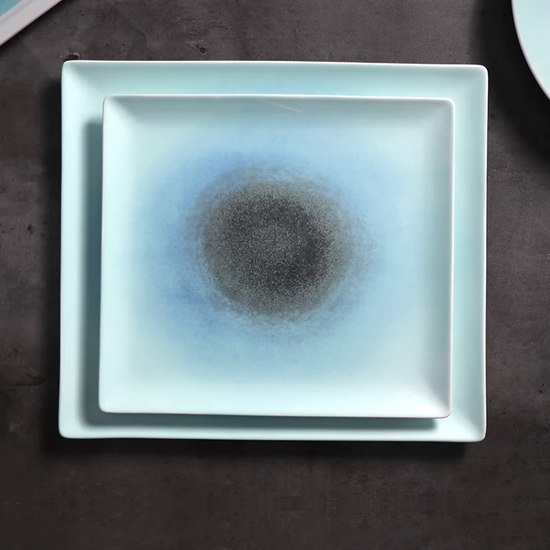 Посуда ручной работы, квадратные матовые синие тарелки, фарфоровая посуда для ресторана, кафе отеля