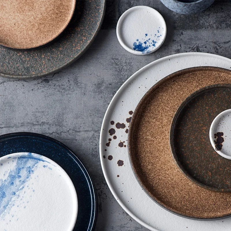Тусклая польская тарелка, оптовая продажа, фарфоровая посуда, круглая синяя глазурь, матовая крапчатая обеденная тарелка, набор столовой посуды, керамическая посуда