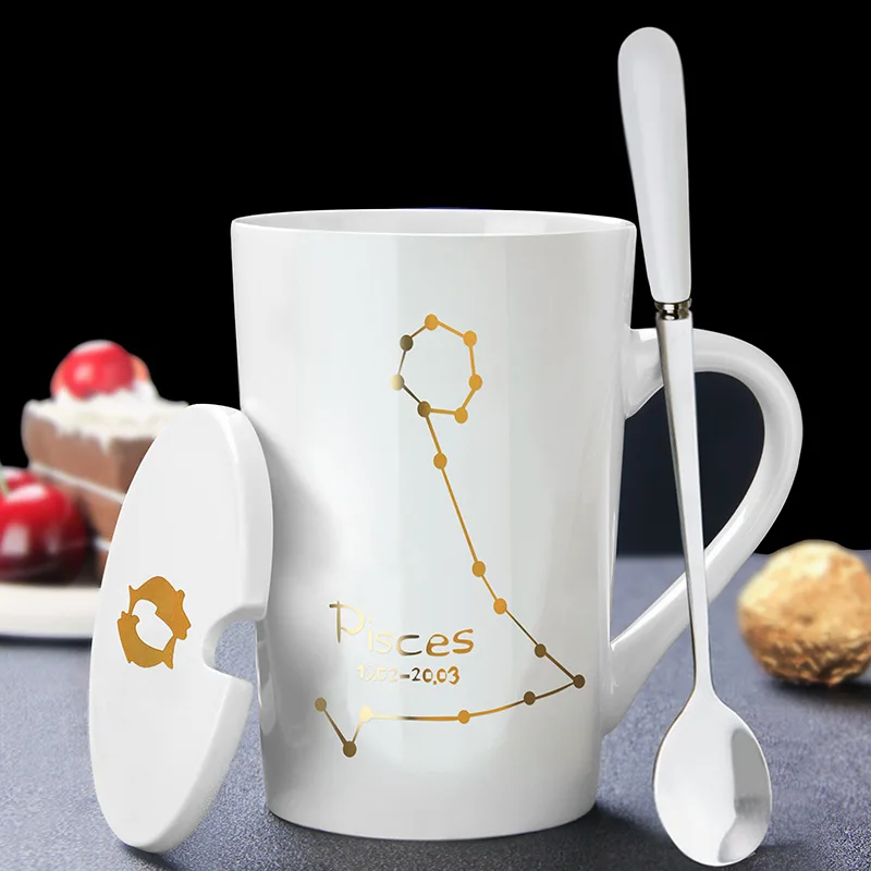 Custom Novelty Gift Zodiac Sign Porcelain Coffee Cup 12 Constellations Ceramic Mug Drinking Cups With Lid Spoon