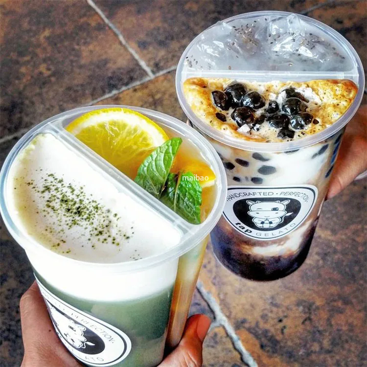 Чашки для чая Boba с логотипом, пластиковые близнецы, одноразовые разделенные пластиковые стаканчики, 16 унций, 700 мл, чашка из полипропилена для свежего сока с двумя вкусами