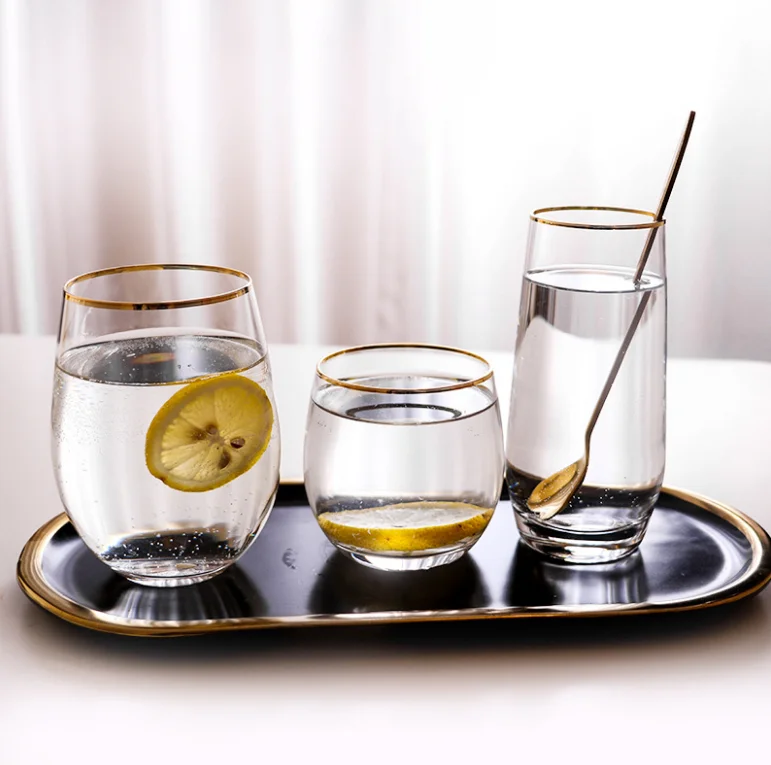 Производитель стеклянной посуды Посуда для напитков Индивидуальный бокал для вина в форме яйца Праздничная стеклянная чашка для воды и сока с золотой оправой