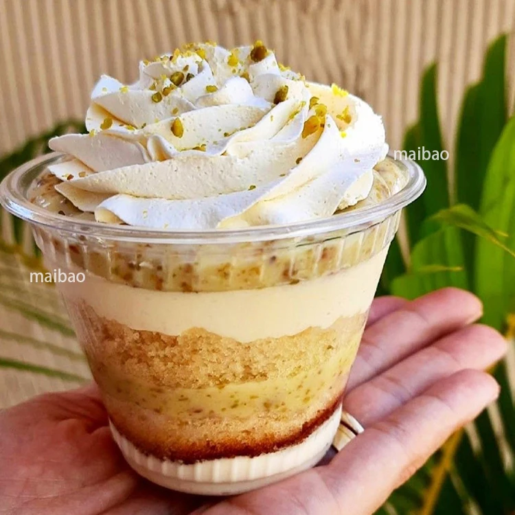 Одноразовый пластиковый стаканчик с индивидуальным логотипом, 10 унций, 12 унций, чашка для молочного пудинга с двойной кожей, прозрачная чашка для десерта с желейным муссом и тирамису с крышкой