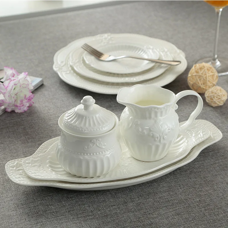 Baroque Relief Plates and Bowls Set Fruit Tray Western Food Plate Leaf Patterned Coffee Cup and Pot Set Dinnerware Sets Ceramic