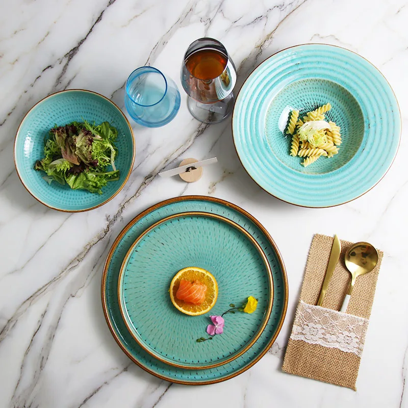 Оптовая продажа, зеленый набор посуды, рождественский обеденный набор, бирюзовая тарелка и чаша, столовая посуда, набор тарелок