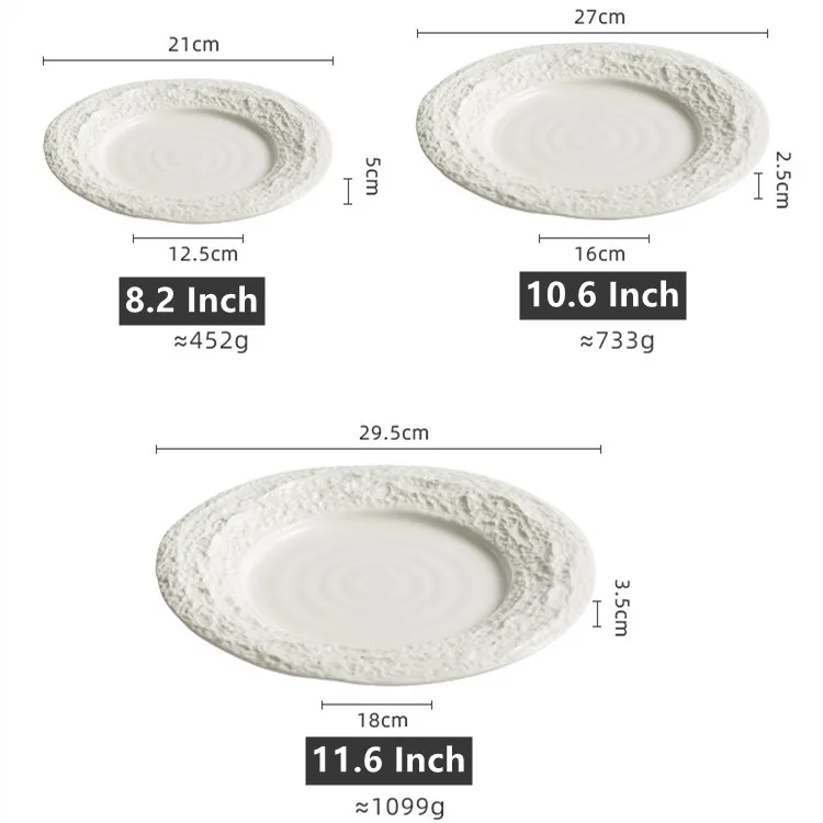 White Ceramic Flat Serving Dish with Rock Pattern for Dessert Steak Dinner Restaurant Tableware Pottery Dinnerware
