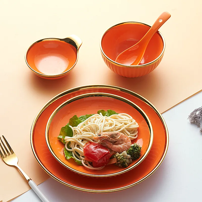 Оптовая продажа на заказ, скандинавская роскошная позолоченная оправа, оранжевый керамический набор посуды, тарелка, блюдце, посуда, тарелки и тарелки