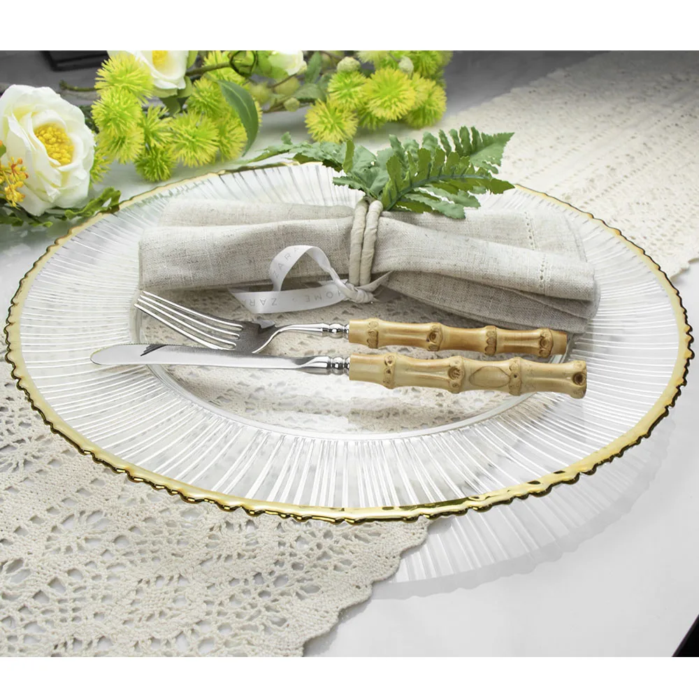 Оптовая продажа, свадебная вечеринка, изысканная круглая посуда, стеклянные обеденные тарелки, прозрачные тарелки с зарядным устройством из бисера, стекло