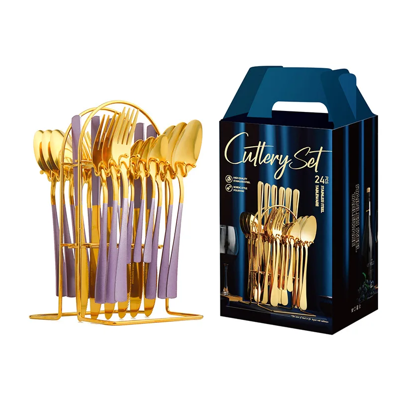 24PCS 304 Stainless Steel Royal Tableware Thick Gold Western Steak Silver  Spoon Restaurant Knives Forks Cutlery Set