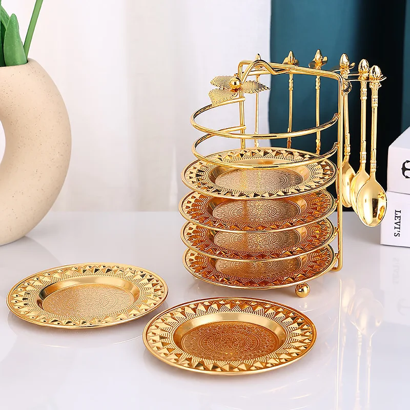 European Luxury Golden Fruit Cake Tray Spoon Set Afternoon Tea Cake Plate Dessert Stand Dishes for Wedding Party