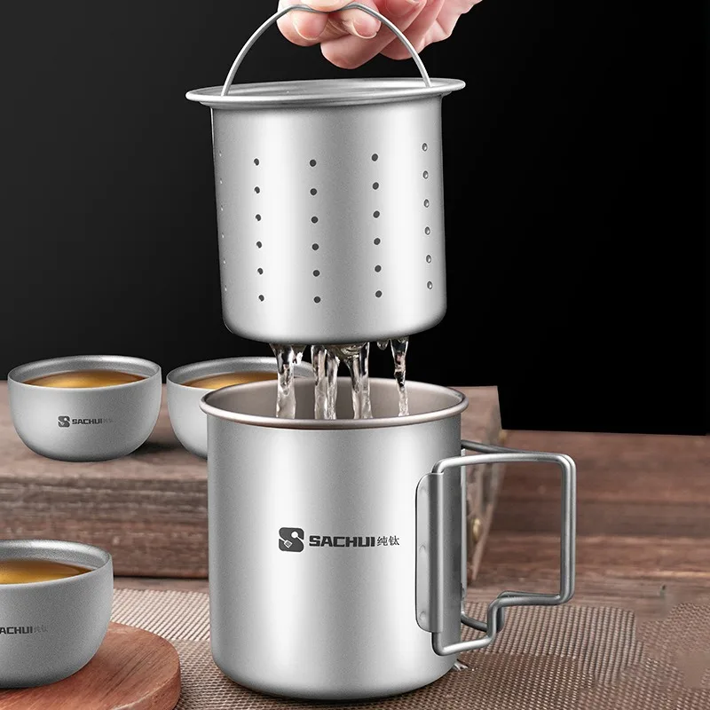 Кружка из чистого титанового сплава, складная ручка, анти-ошпаривание, портативная уличная чашка для кемпинга, титановая чашка для здоровья и еды