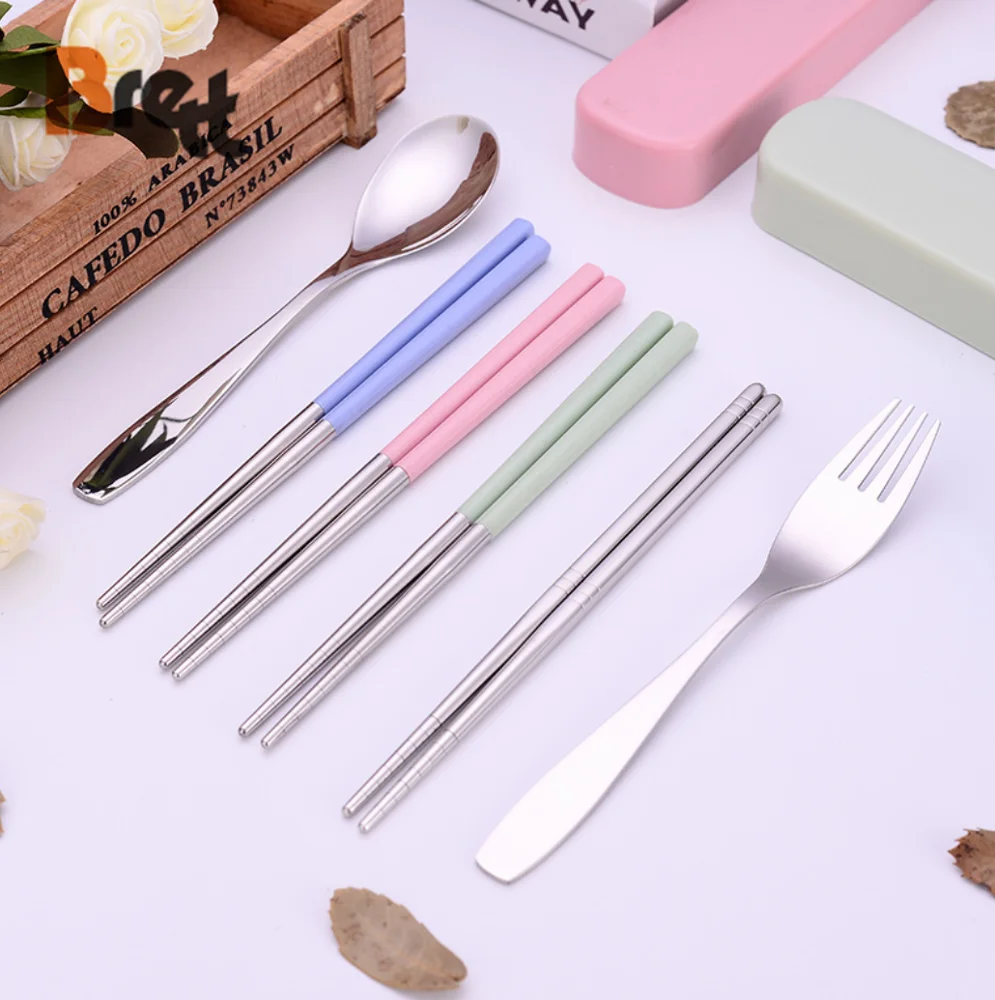 Корейский стиль 304 из нержавеющей стали для студентов, ложка, вилка, палочки для еды, набор
